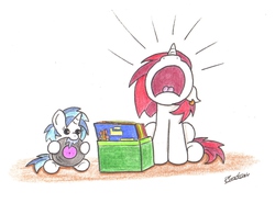 Size: 1744x1294 | Tagged: safe, artist:bobthedalek, dj pon-3, long play, vinyl scratch, pony, unicorn, g4, brother and sister, chewing, duo, foal, nose in the air, peanuts, records, yelling