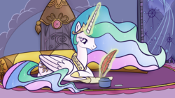 Size: 4800x2700 | Tagged: safe, artist:sandyfortune, princess celestia, g4, celestias room, feather, female, magic, paper, prone, solo, telekinesis