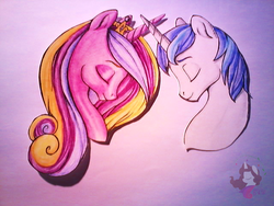 Size: 640x480 | Tagged: safe, artist:katypwny, princess cadance, shining armor, g4, eyes closed, horn, horns are touching, smiling