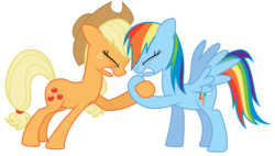 Size: 6000x3400 | Tagged: safe, artist:tomfraggle, applejack, rainbow dash, earth pony, pegasus, pony, g4, duo, duo female, female, hoofwrestle, mare, simple background, spread wings, transparent background, vector, wings