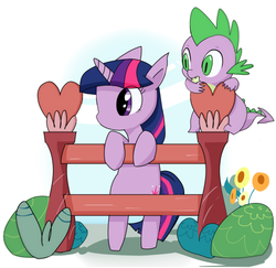 Size: 500x486 | Tagged: safe, artist:youhoujou, artist:ヨウホウジョウ, spike, twilight sparkle, pony, unicorn, g4, bipedal leaning, pixiv, unicorn twilight