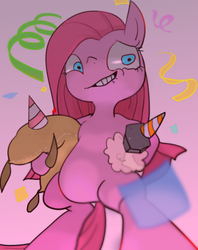 Size: 395x500 | Tagged: safe, artist:youhoujou, madame leflour, pinkie pie, rocky, sir lintsalot, pony, g4, bipedal, female, pinkamena diane pie, pixiv, solo