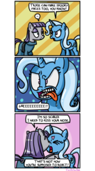 Size: 500x896 | Tagged: safe, artist:foudubulbe, maud pie, trixie, earth pony, pony, comic:damp rocks, g4, ..., comic, cross-eyed, drool, eyes closed, faic, female, glare, heart, kissing, lesbian, nose kiss, open mouth, raised eyebrow, scared, ship:mauxie, shipping, teeth, tongue out, wide eyes