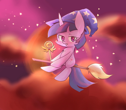 Size: 1600x1400 | Tagged: safe, artist:joycall6, twilight sparkle, g4, blushing, broom, cloud, cloudy, crescent moon, female, flying, flying broomstick, hat, lidded eyes, looking at you, moon, night, night sky, open mouth, solo, stars, wand, wingding eyes, witch hat