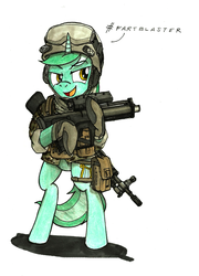 Size: 1452x2016 | Tagged: safe, artist:buckweiser, lyra heartstrings, pony, g4, battlefield 4, bipedal, clothes, female, grenade launcher, gun, heckler and koch, m249, machine gun, military, punisher, solo, uniform, weapon, xm25