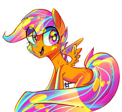 Size: 1024x939 | Tagged: dead source, safe, artist:fensu-san, scootaloo, pegasus, pony, g4, blank flank, eye clipping through hair, female, filly, foal, open mouth, signature, simple background, solo, spread wings, white background, wings