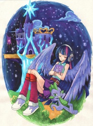 Size: 1245x1680 | Tagged: safe, artist:kokita, spike, twilight sparkle, human, g4, headphones, humanized, pixiv, twilight sparkle (alicorn), winged humanization