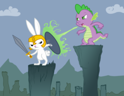 Size: 1500x1166 | Tagged: dead source, safe, artist:equestria-election, angel bunny, spike, g4, fire, helmet, shield, sword, weapon