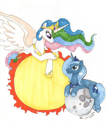 Size: 2050x2400 | Tagged: safe, artist:papercell, princess celestia, princess luna, g4, high res, moon, s1 luna, simple background, sisters, sun, tangible heavenly object, traditional art