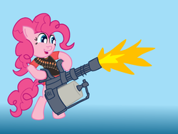 Size: 1024x768 | Tagged: safe, pinkie pie, earth pony, pony, g4, bipedal, crossover, female, gun, heavy (tf2), heavy weapons pie, solo, team fortress 2, weapon