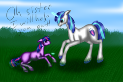 Size: 4320x2880 | Tagged: safe, artist:crazyaniknowit, artist:turrkoise, shining armor, twilight sparkle, g4, bandaid, blank flank, crying, floppy ears, frown, glowing horn, grass, horn, injured, magic, prone, sad, smiling, telekinesis, younger