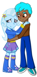 Size: 3000x6293 | Tagged: safe, artist:zoevulpez, trixie, oc, oc:cloud tumble, equestria girls, g4, blushing, boots, canon x oc, clothes, denim, equestria girls-ified, high heel boots, hoodie, hug, jeans, pants, shirt, shoes, skirt, trixietumble