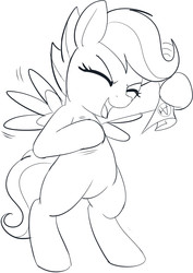 Size: 725x1024 | Tagged: safe, artist:mcsadat, scootaloo, pegasus, pony, g4, bipedal, blank flank, eyes closed, female, filly, foal, grayscale, happy, holding, hoof hold, monochrome, open mouth, paper, simple background, solo, spread wings, white background, wings