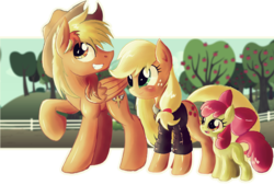 Size: 2000x1348 | Tagged: safe, artist:ruhisu, apple bloom, applejack, oc, oc:brave wing, pegasus, pony, g4, accessory swap, clothes, cowboy hat, family, female, fence, filly, hat, jacket, male, mare, pilot, shipping, smiling, stallion, straight