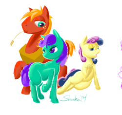 Size: 301x284 | Tagged: safe, artist:shunka warakin, big macintosh, bon bon, sweetie drops, earth pony, pony, g4, blank flank, male, stallion