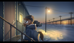 Size: 1920x1122 | Tagged: safe, artist:gign-3208, earth pony, pony, arctic, beard, car, clothes, facial hair, hat, overalls, pipe (plumbing), scenery, snow, truck, winter