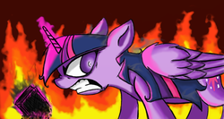 Size: 1366x728 | Tagged: safe, artist:xxmarkingxx, twilight sparkle, alicorn, pony, g4, angry, female, fire, mare, rage, solo, twilight sparkle (alicorn), xk-class end-of-the-world scenario