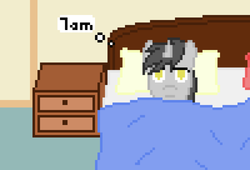 Size: 500x340 | Tagged: safe, artist:thejakevale, oc, oc only, oc:clockwork gear, comic:clockworkfamily, bed, comic, pixel art, solo