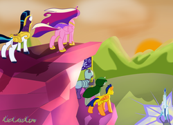 Size: 1024x742 | Tagged: safe, artist:kickassking, clover the clever, flash sentry, princess cadance, shining armor, g4, armor, cloak, clothes, crystal empire, crystal empire flag, crystal guard, crystal guard armor, flag, windswept mane