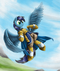 Size: 1408x1666 | Tagged: safe, artist:otakuap, oc, oc only, oc:electroshock, pegasus, pony, armor, cape, clothes, cloud, cloudy, flying, mountain, outdoors, sky, solo