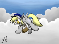 Size: 3264x2448 | Tagged: safe, artist:lux121, derpy hooves, pegasus, pony, g4, cloud, cloudy, female, flying, high res, mail, mare, solo