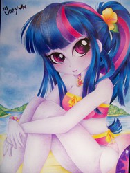 Size: 2736x3648 | Tagged: safe, artist:eljoeydesigns, twilight sparkle, equestria girls, g4, beach, bikini, blushing, clothes, high res, swimsuit, traditional art