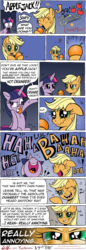 Size: 4108x11889 | Tagged: safe, artist:redapropos, applejack, twilight sparkle, alicorn, pony, g4, absurd resolution, comic, crying, female, fourth wall, glare, laughing, lol, mare, orange, orangejack, sad, twilight sparkle (alicorn)