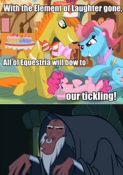 Size: 585x832 | Tagged: safe, artist:emr0304, carrot cake, cup cake, lord tirek, pinkie pie, earth pony, pony, g4, everyone steals tirek's meme, female, filly, filly pinkie pie, foal, image macro, male, mare, meme, stallion, tickle torture, tickling, tirek wut, younger