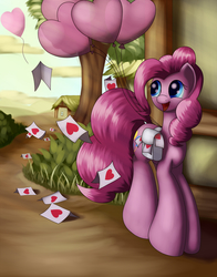 Size: 1650x2100 | Tagged: safe, artist:grennadder, pinkie pie, g4, balloon, big hooves, female, heart balloon, letter, long legs, solo, valentine's day