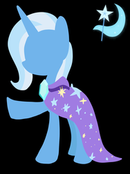 Size: 1200x1600 | Tagged: safe, artist:yaco, trixie, pony, unicorn, g4, black background, cape, clothes, cutie mark background, female, gem, hooves, horn, lineless, mare, simple background, solo