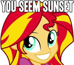 Size: 1165x1024 | Tagged: safe, sunset shimmer, equestria girls, g4, my little pony equestria girls: rainbow rocks, cute, exploitable meme, faic, female, green eyes, grin, happy, image macro, looking at you, meme, my little punny, pun, punset shimmer, reaction image, shimmerbetes, simple background, smiling, solo, squee, text, troll, trolling, u mad, vector, white background, you seem upset