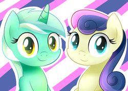 Size: 1024x731 | Tagged: safe, artist:heavymetalbronyyeah, bon bon, lyra heartstrings, sweetie drops, earth pony, pony, unicorn, g4, bust, cute, duo, female, looking at you, mare, portrait