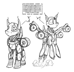 Size: 1805x1767 | Tagged: safe, artist:ralek, oc, oc only, oc:peg-e, oc:pes-e, pony, robot, robot pony, fallout equestria, /foe/, binary, enclave, flying, monochrome