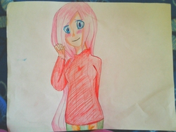 Size: 1250x938 | Tagged: safe, artist:anael34gaby, fluttershy, human, g4, clothes, female, humanized, solo, sweatershy, traditional art