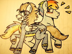 Size: 1024x768 | Tagged: safe, artist:pimpartist101, rainbow dash, soarin', g4, blushing, female, lined paper, male, rainbow blitz, rule 63, ship:soarindash, shipping, straight, traditional art