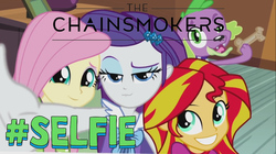 Size: 1280x716 | Tagged: safe, edit, edited screencap, screencap, fluttershy, rarity, spike, sunset shimmer, dog, equestria girls, g4, my little pony equestria girls: rainbow rocks, #selfie, photobomb, selfie, spike gets all the mares, spike the dog, the chainsmokers