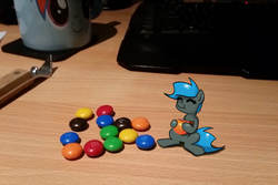 Size: 1280x853 | Tagged: safe, artist:whatsapokemon, oc, oc only, oc:jade shine, chocolate, eating, irl, m&m's, photo, ponies in real life