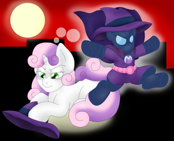 Size: 2558x2072 | Tagged: safe, artist:blackbewhite2k7, mare do well, sweetie belle, g4, belt, commission, high res, sweetie do well, thinking, thought bubble, utility belt
