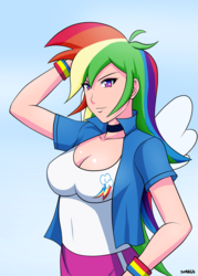 Size: 914x1280 | Tagged: safe, artist:sketchbits, rainbow dash, human, g4, cleavage, clothes, equestria girls outfit, female, humanized, solo, winged humanization