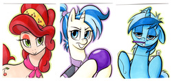 Size: 811x383 | Tagged: safe, artist:retrostarling, allie way, cherry jubilee, minuette, earth pony, pony, unicorn, g4, bowling ball, brushing teeth, floss, toothbrush, traditional art