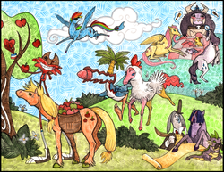 Size: 910x704 | Tagged: safe, artist:miyukitty, applejack, fluttershy, pinkie pie, rainbow dash, rarity, smarty pants, spike, twilight sparkle, g4, apple tree, bloo (foster's), cloud, coco (foster's), creepy, eduardo, foster's home for imaginary friends, quill, sunglasses, tree, wilt, wilt (foster's home for imaginary friends)