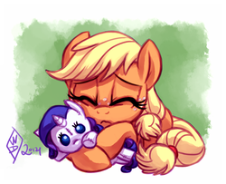 Size: 800x650 | Tagged: safe, artist:whitediamonds, applejack, rarity, earth pony, pony, unicorn, rarijack daily, g4, cute, female, filly, filly applejack, foal, jackabetes, lesbian, plushie, rarity plushie, sad, sadorable, ship:rarijack, shipping, solo, younger