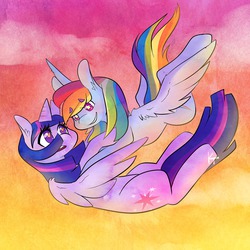 Size: 1280x1280 | Tagged: safe, artist:kittentoots, rainbow dash, twilight sparkle, alicorn, pony, g4, duo, eye contact, female, flying, grin, heart eyes, lesbian, mare, open mouth, ship:twidash, shipping, smiling, spread wings, stars, twilight sparkle (alicorn), wingding eyes