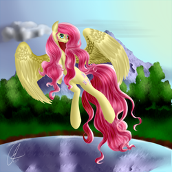 Size: 4320x4320 | Tagged: safe, artist:crazyaniknowit, fluttershy, g4, absurd resolution, bedroom eyes, eyeshadow, female, flying, lake, looking at you, messy mane, solo, spread wings