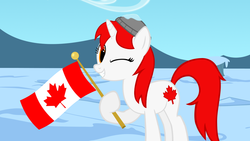 Size: 1118x629 | Tagged: safe, artist:bootsyslickmane, oc, oc only, oc:canadance, canada, flag, nation ponies, snow, solo, wink