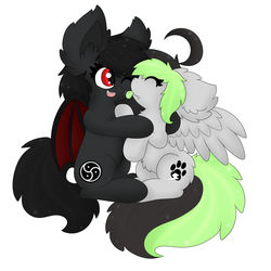 Size: 1500x1500 | Tagged: safe, artist:pegamutt, oc, oc only, oc:bree jetpaw, oc:qetesh, bat pony, pony, cuddling, fangs, hug, licking, one eye closed, snuggling, tongue out