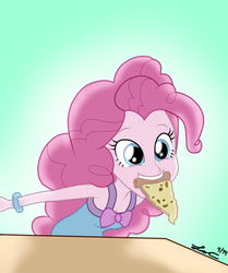 Size: 840x1007 | Tagged: safe, artist:lisan1997, pinkie pie, equestria girls, g4, female, mouth hold, pizza, solo