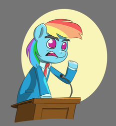 Size: 805x867 | Tagged: dead source, safe, artist:dr-waveband, rainbow dash, pony, semi-anthro, g4, female, mare, microphone, necktie, open mouth, podium, simple background, solo, underhoof, wingless