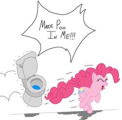 Size: 1275x1253 | Tagged: safe, artist:djsteelfox, pinkie pie, earth pony, pony, g4, but why, dialogue, eyes closed, female, mare, open mouth, running, screaming, simple background, toilet, toilet humor, tongue out, wat, white background, why