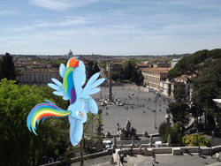 Size: 4288x3216 | Tagged: safe, artist:birthofthepheonix, artist:missbeigepony, rainbow dash, human, g4, building, car, floating, irl, italy, photo, ponies in real life, pretty, rome, solo, square, statue, tree, vector